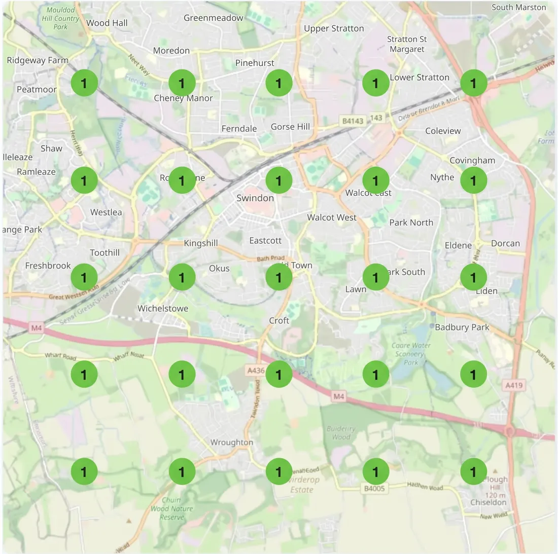 The same five by five grid over Swindon, every point green and marked first.